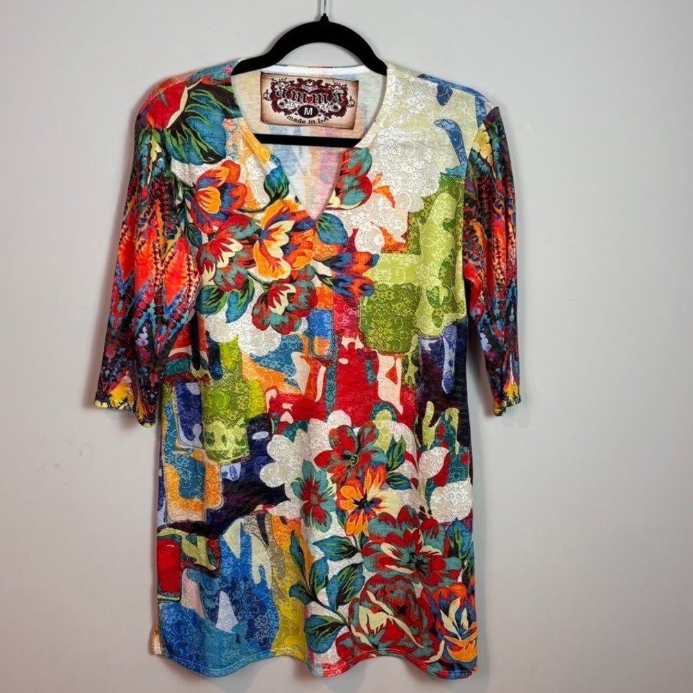 AMMA Colorful Made In LA Wearable Art Tunic Top Dress Made in USA sz MED stretch